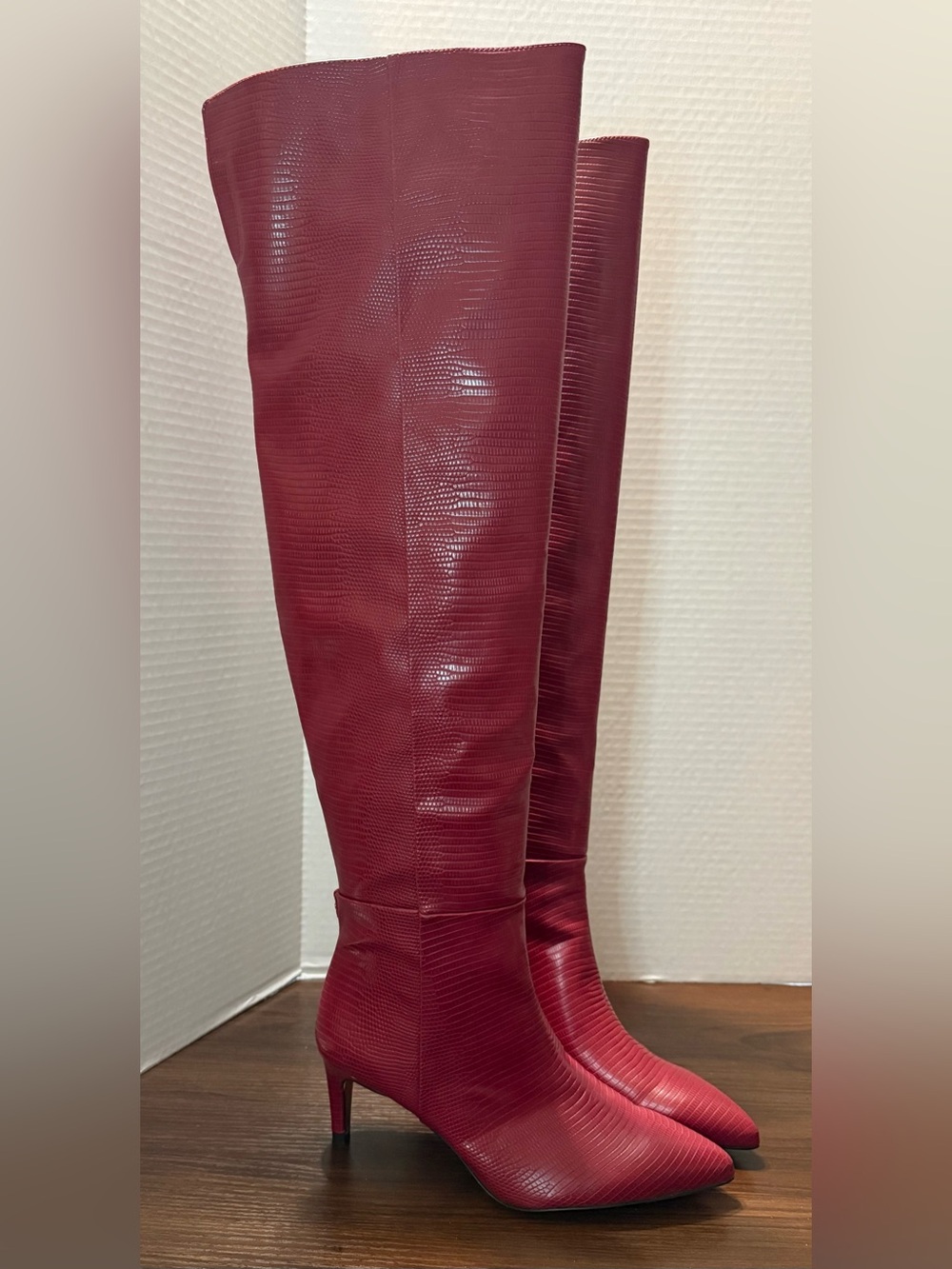 Sam Edelman Over-the-Knee Lizard Embossed Leather Boots in Burgundy